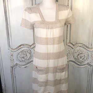 Pink Rose Cotton Blend Taupe and Cream Stripe Short Sleeve Sweater Dress Size M